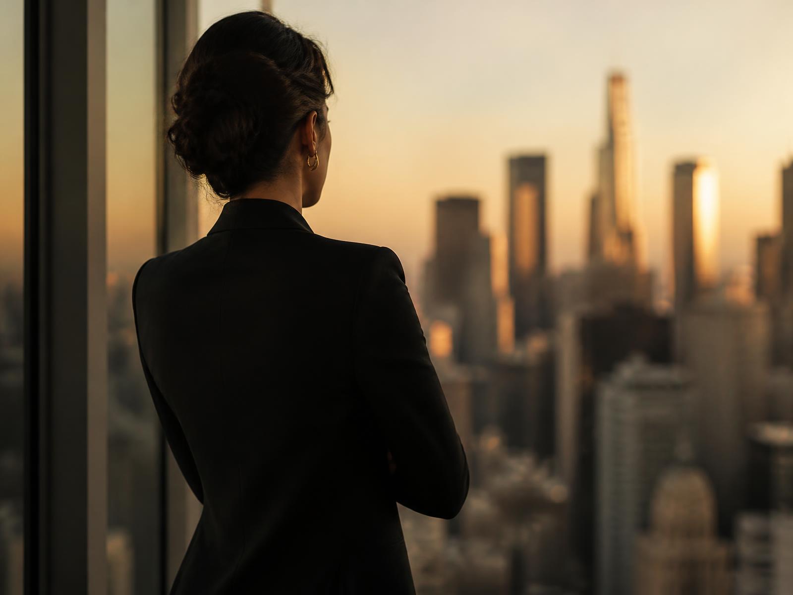 A woman leader looking out over a city skyline at golden hour